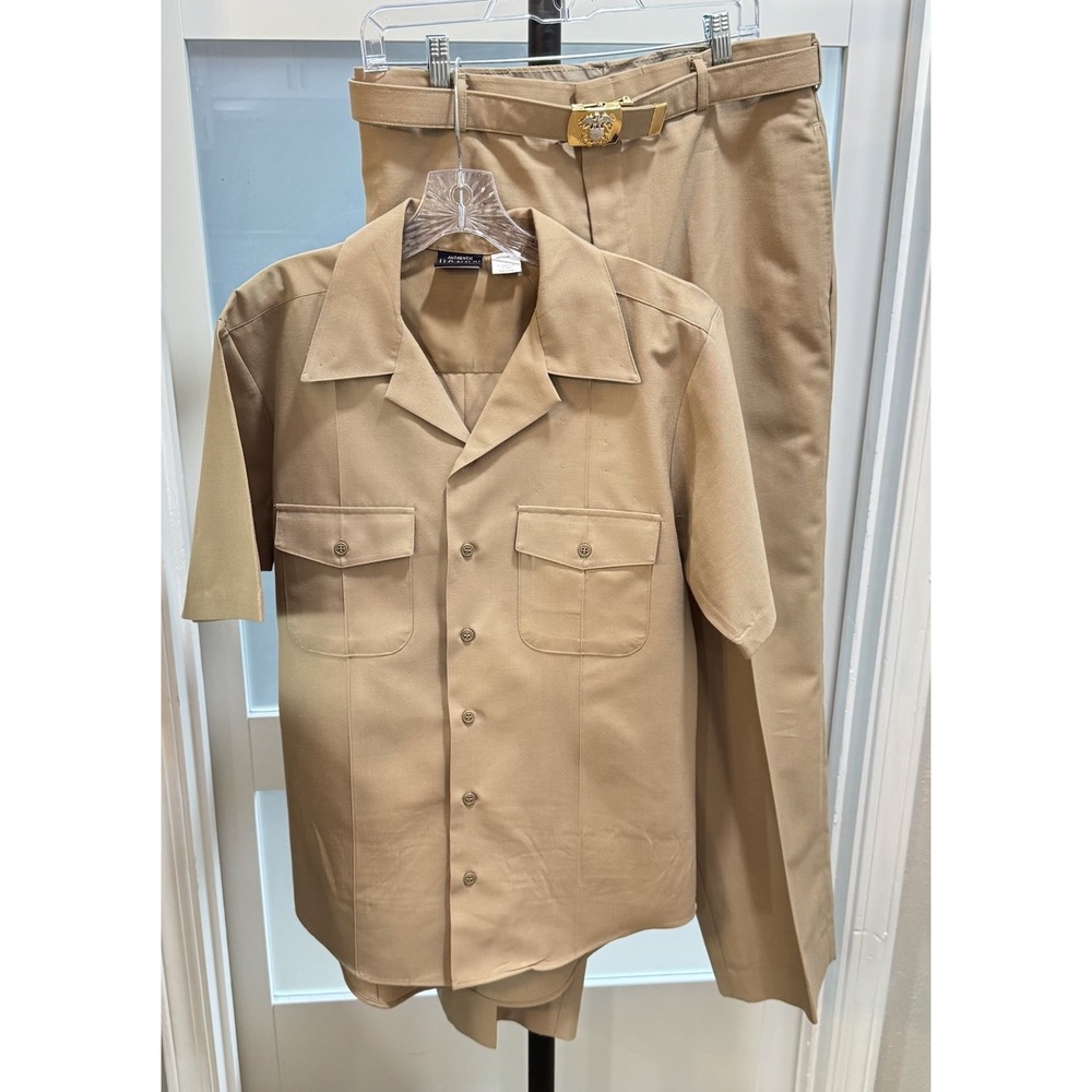 US Navy Khaki Uniform Set Flying Cross Shirt Medium Pants 34R Brass Belt Buckle
